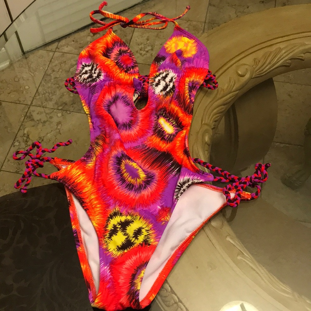 Split one piece multi colored swim suit